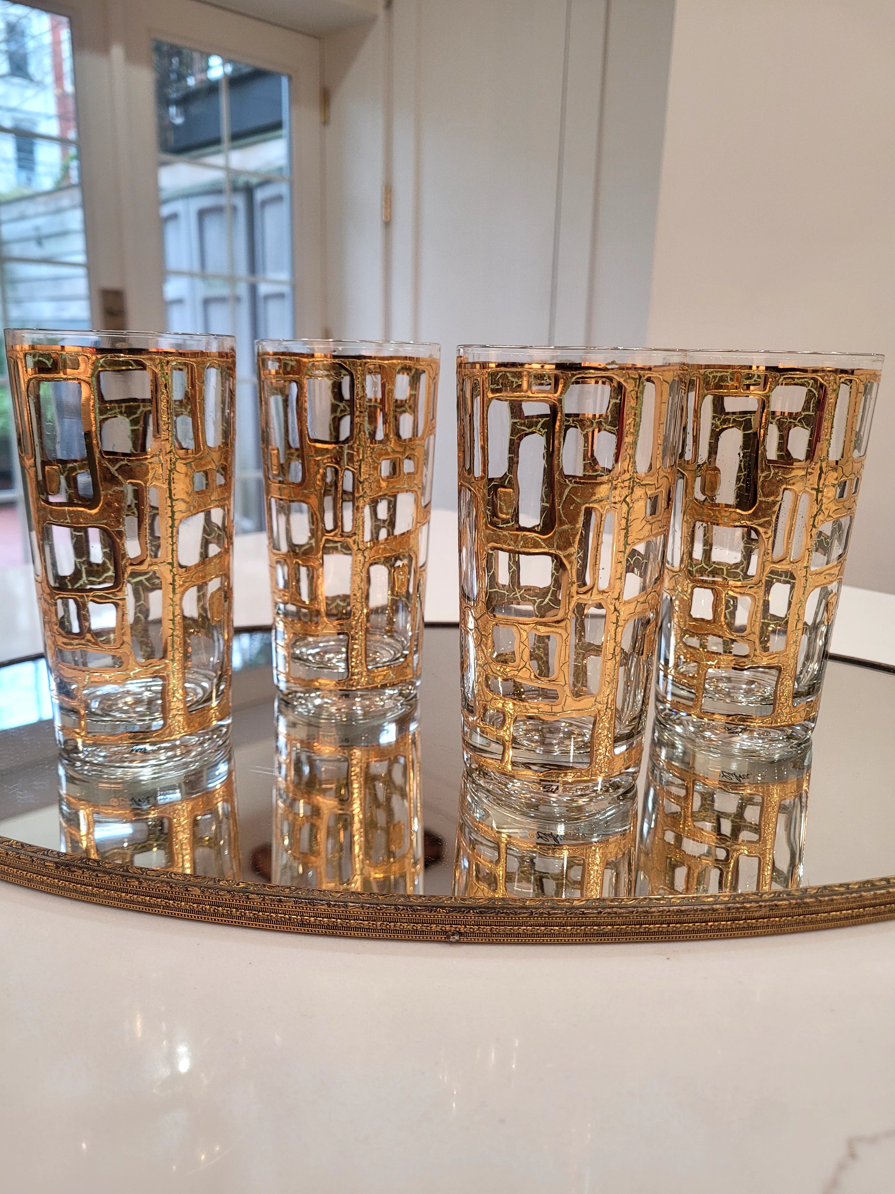 1970s Culver Ltd. Crackled 22k Gold Highball Glasses, Set of 4