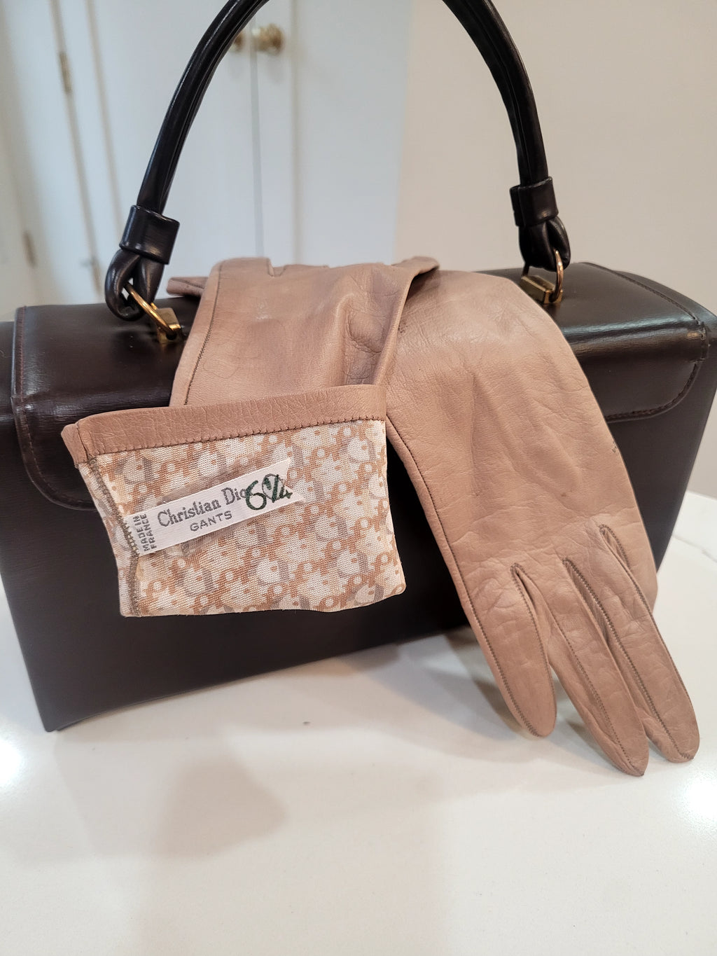 RARE Christian Dior Vintage Coveted Sleek Beige Leather & Silk Evening Gloves (XS-S)