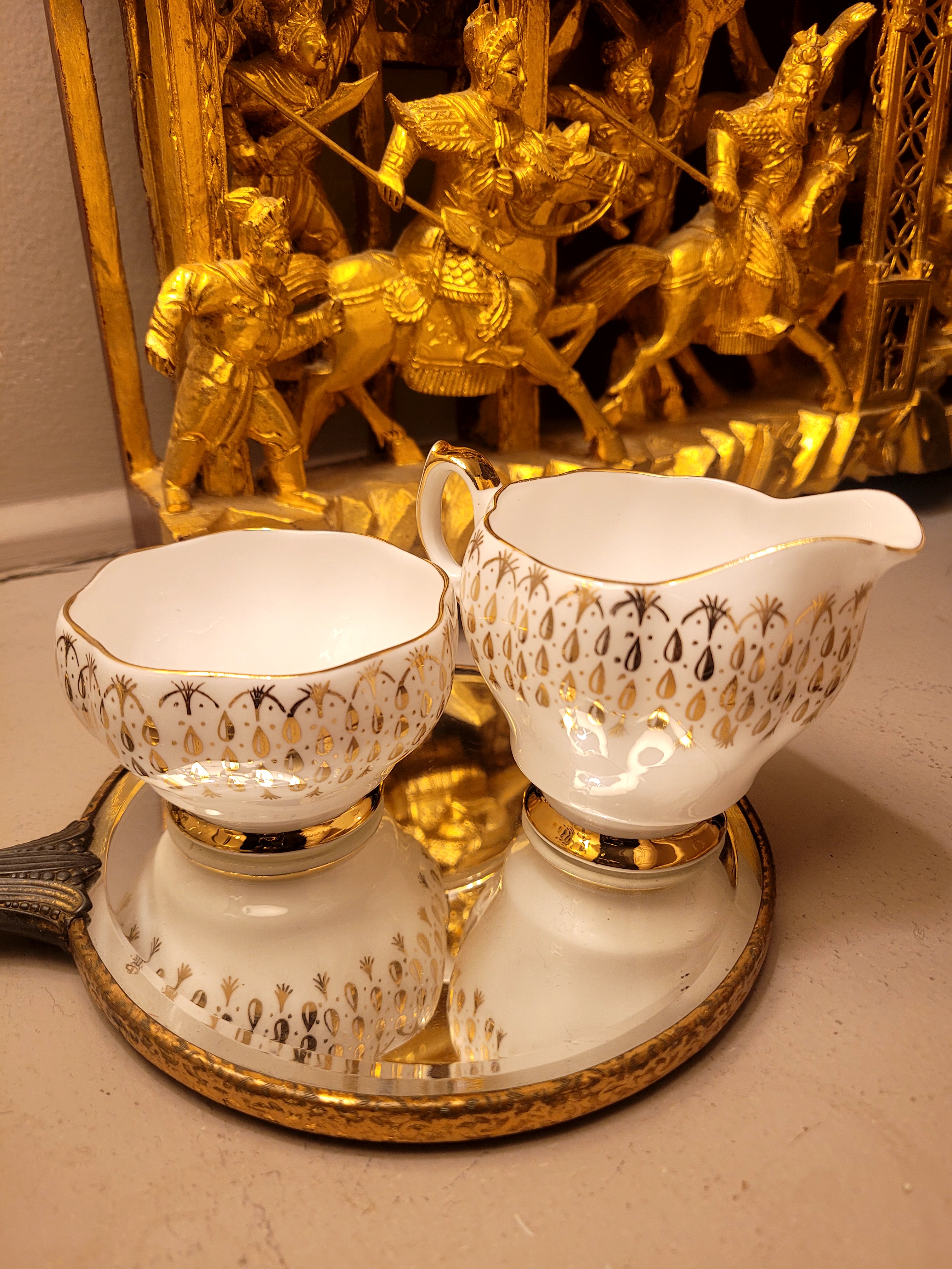 Queen Anne Gold Rain Drops Open Sugar Bowl & Creamer Set