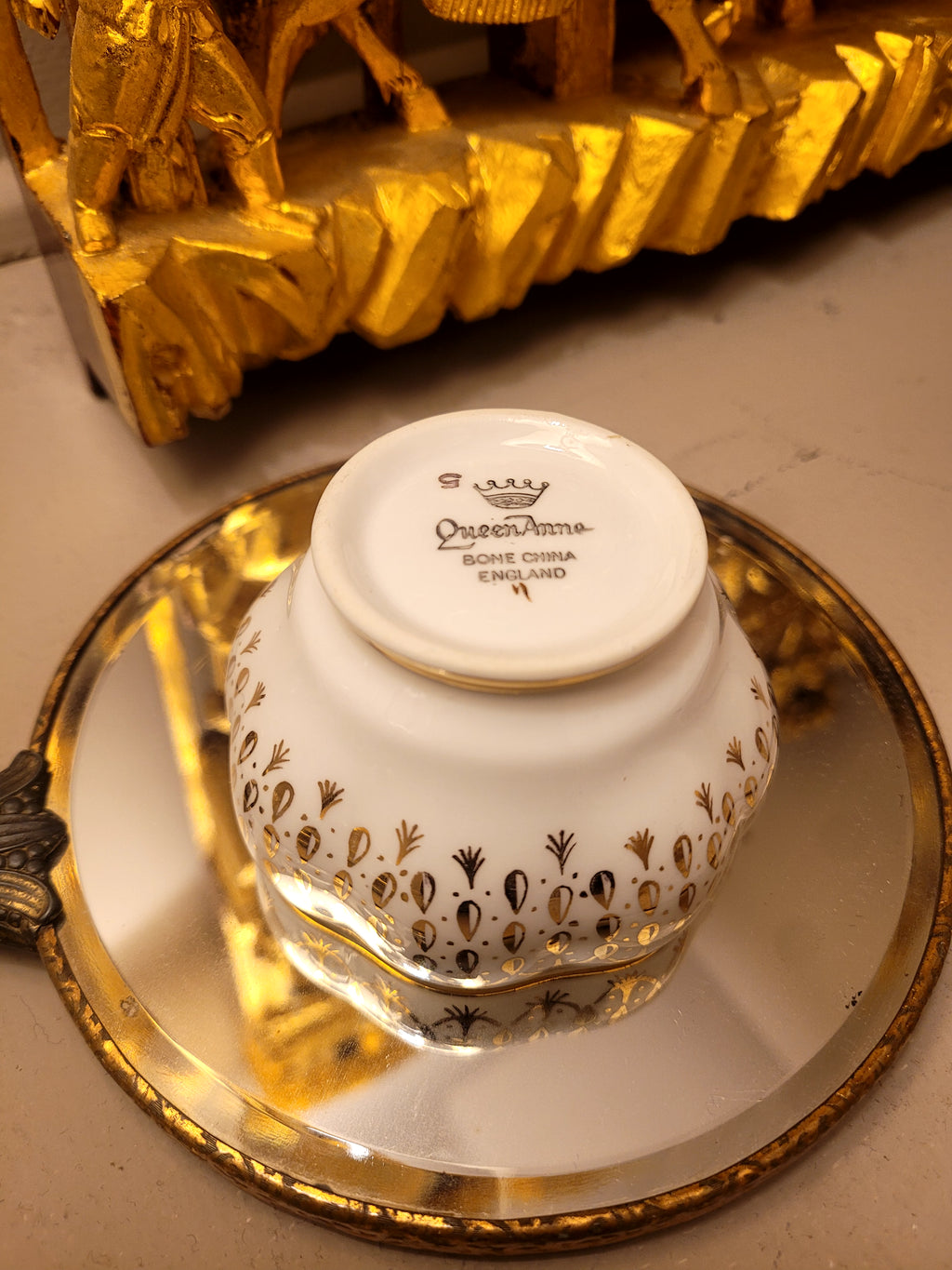 Queen Anne Gold Rain Drops Open Sugar Bowl & Creamer Set