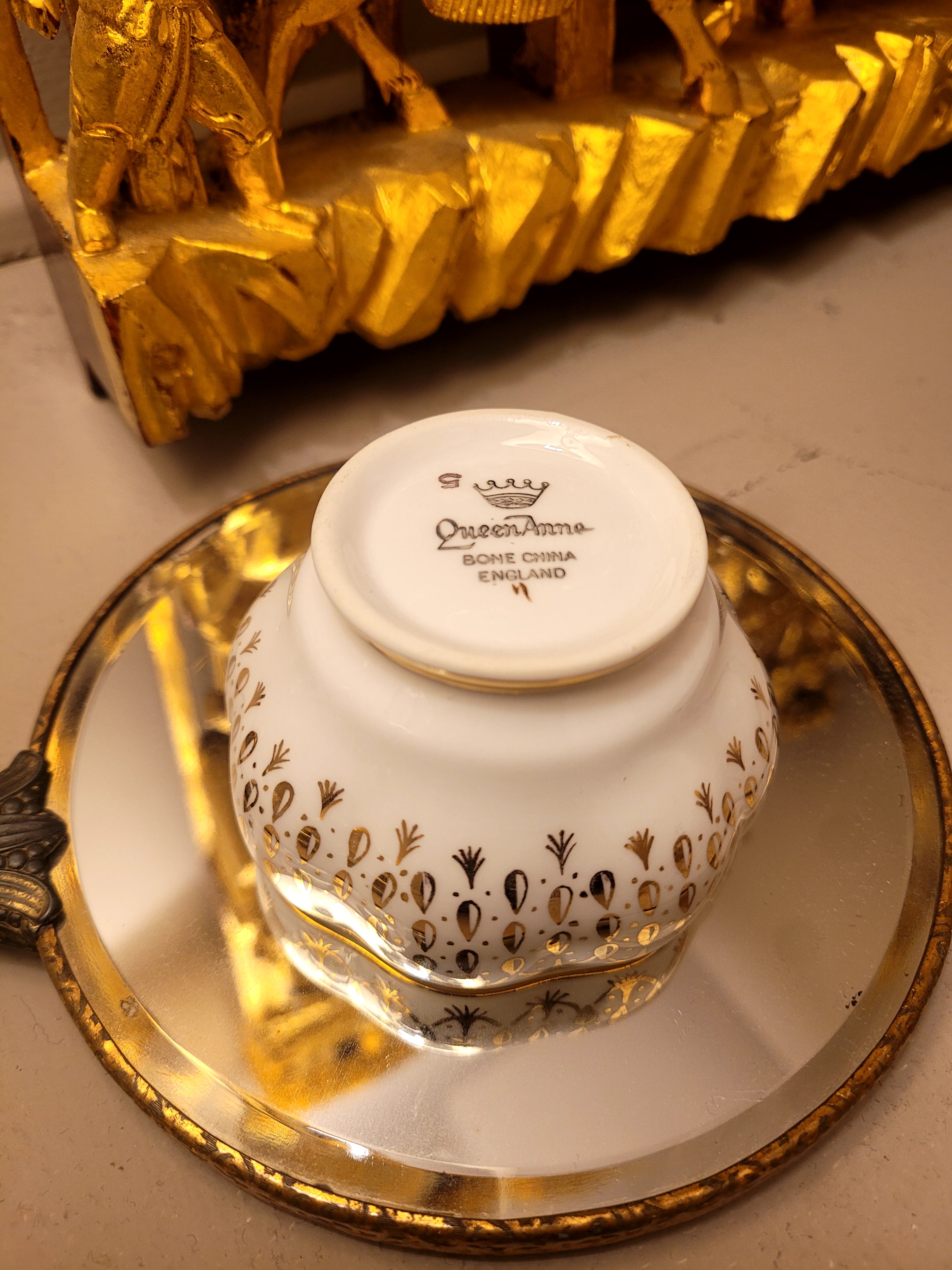 Queen Anne Gold Rain Drops Open Sugar Bowl & Creamer Set