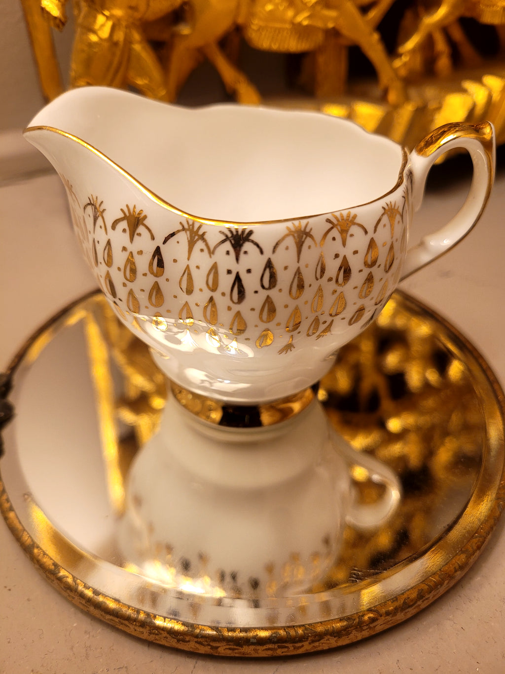 Queen Anne Gold Rain Drops Open Sugar Bowl & Creamer Set