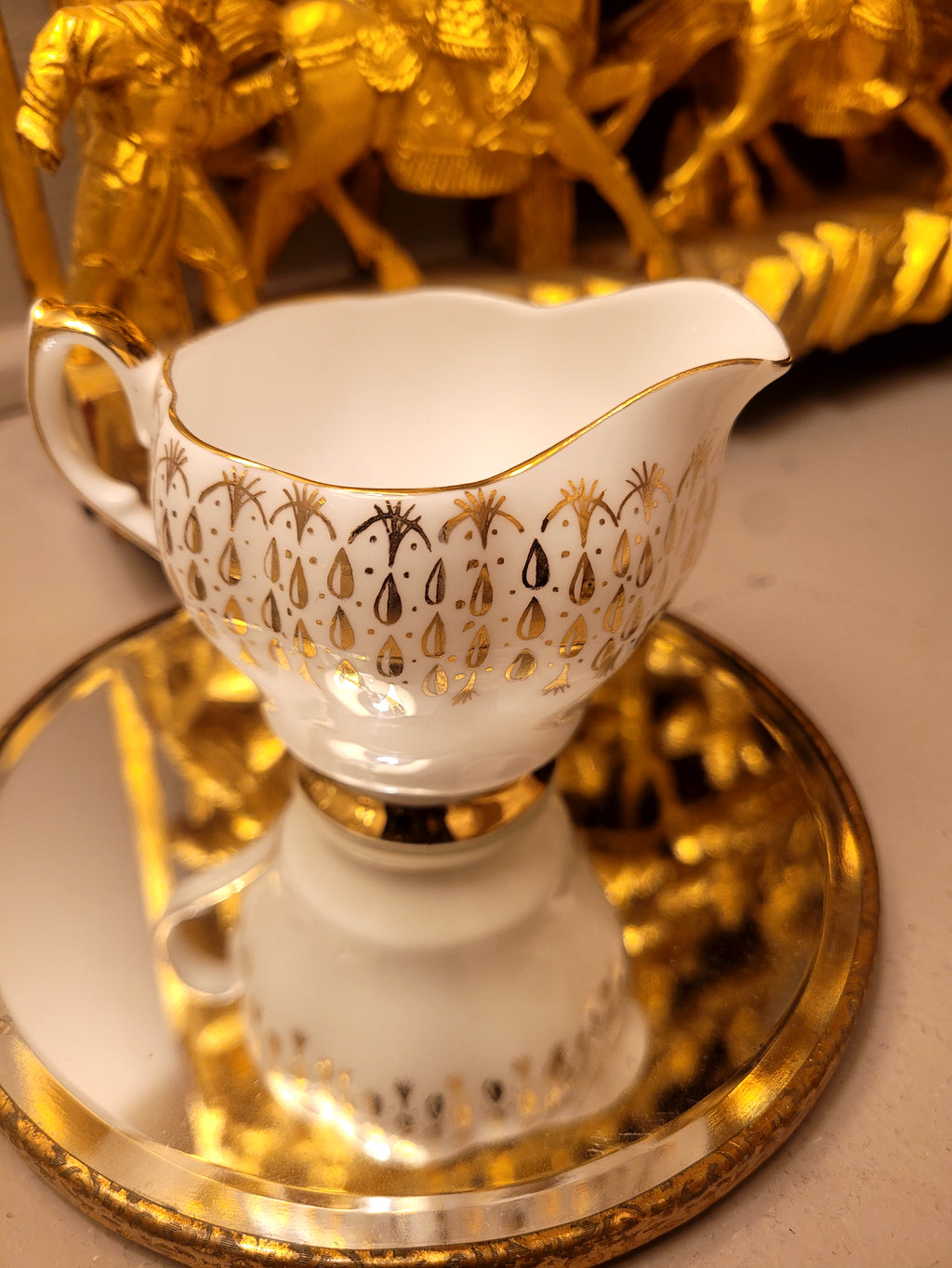 Queen Anne Gold Rain Drops Open Sugar Bowl & Creamer Set