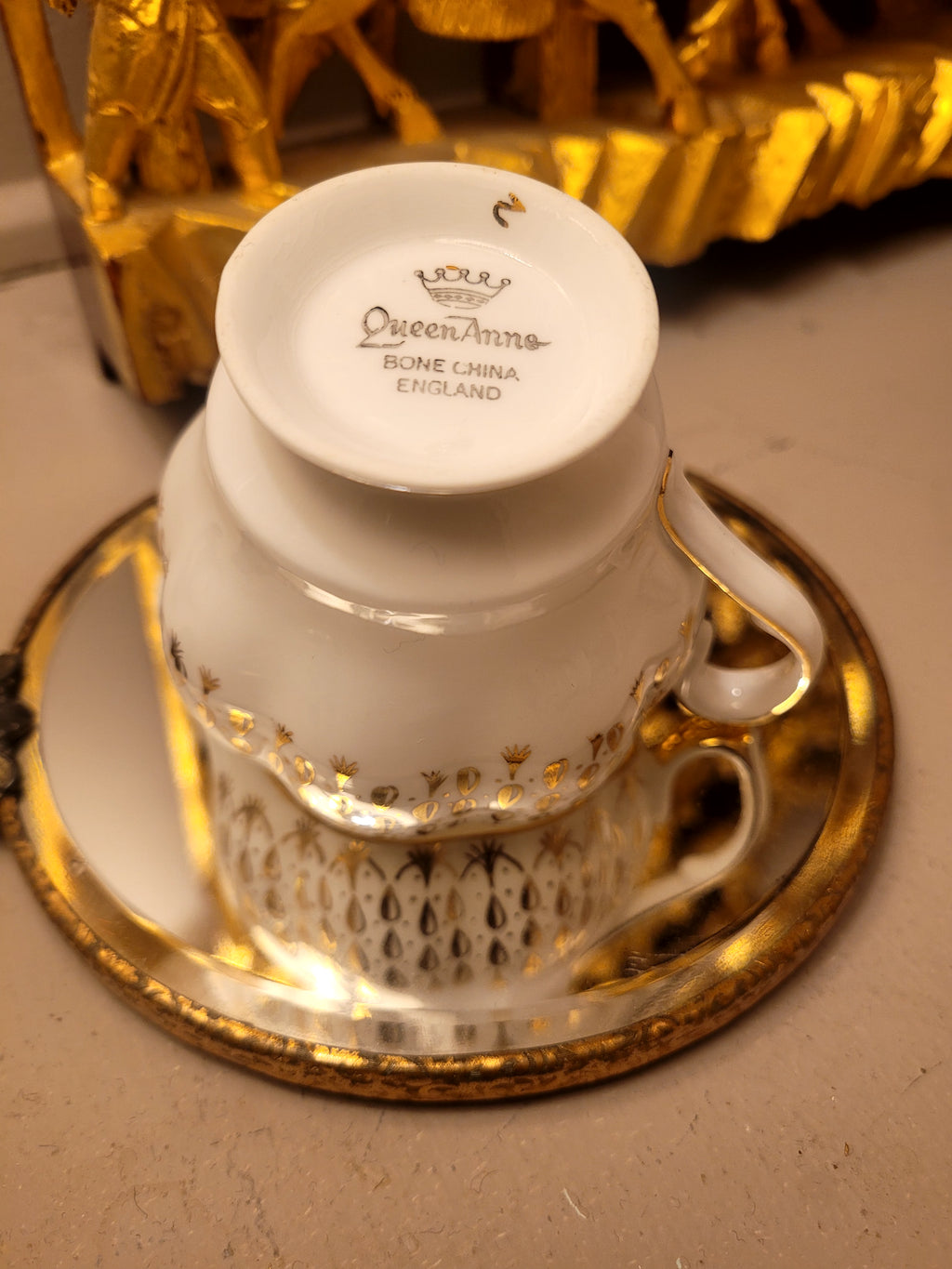 Queen Anne Gold Rain Drops Open Sugar Bowl & Creamer Set