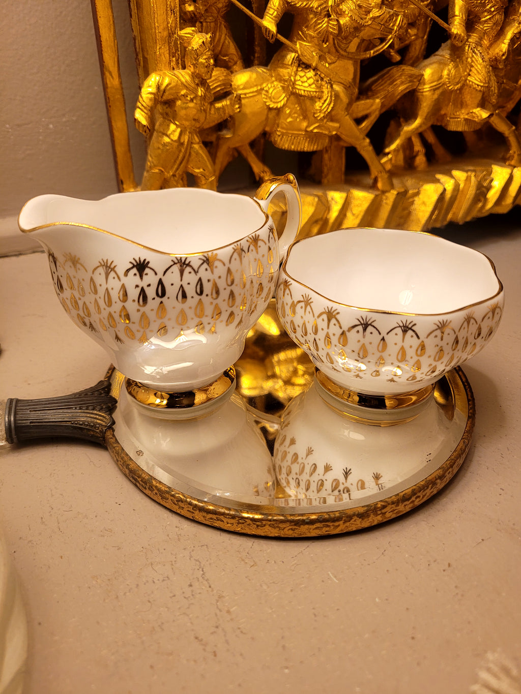 Queen Anne Gold Rain Drops Open Sugar Bowl & Creamer Set