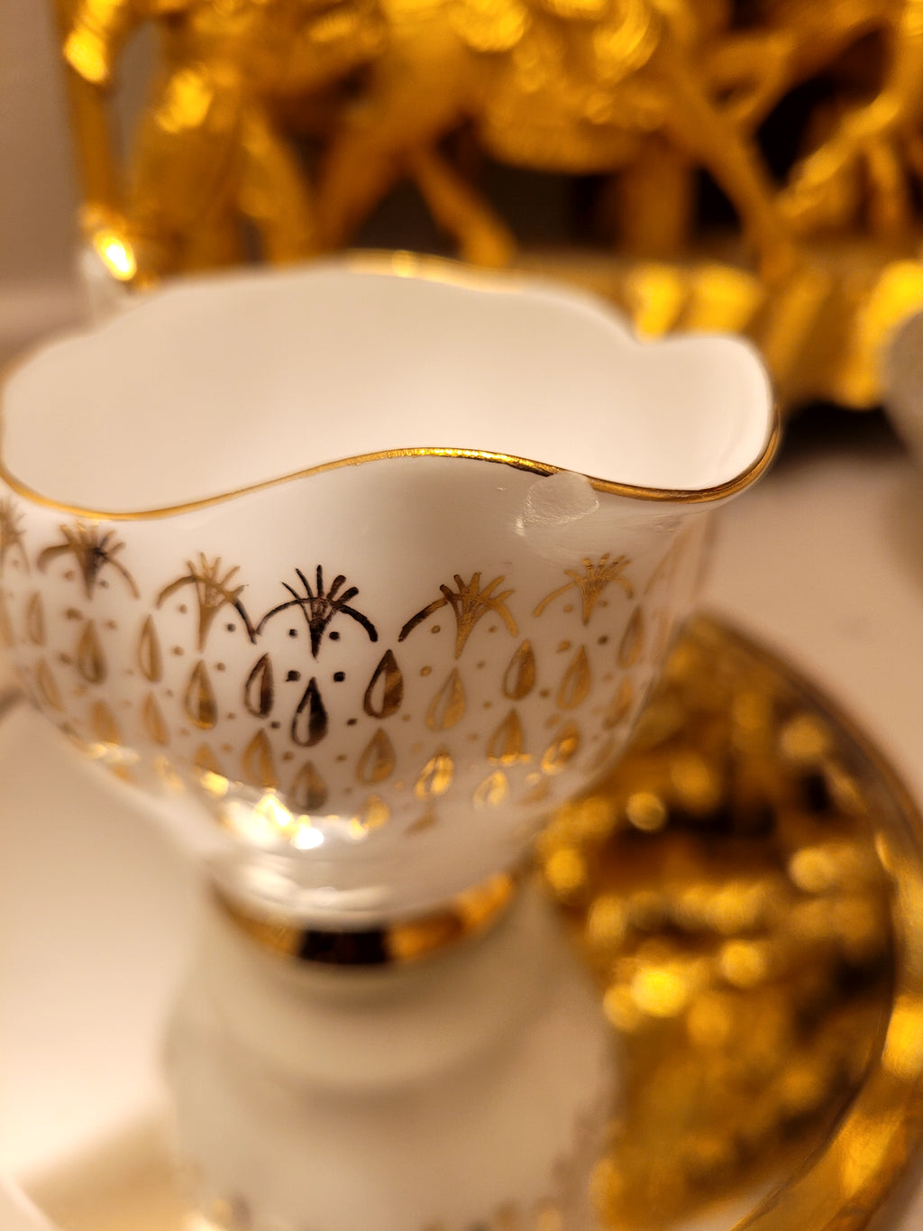 Queen Anne Gold Rain Drops Open Sugar Bowl & Creamer Set